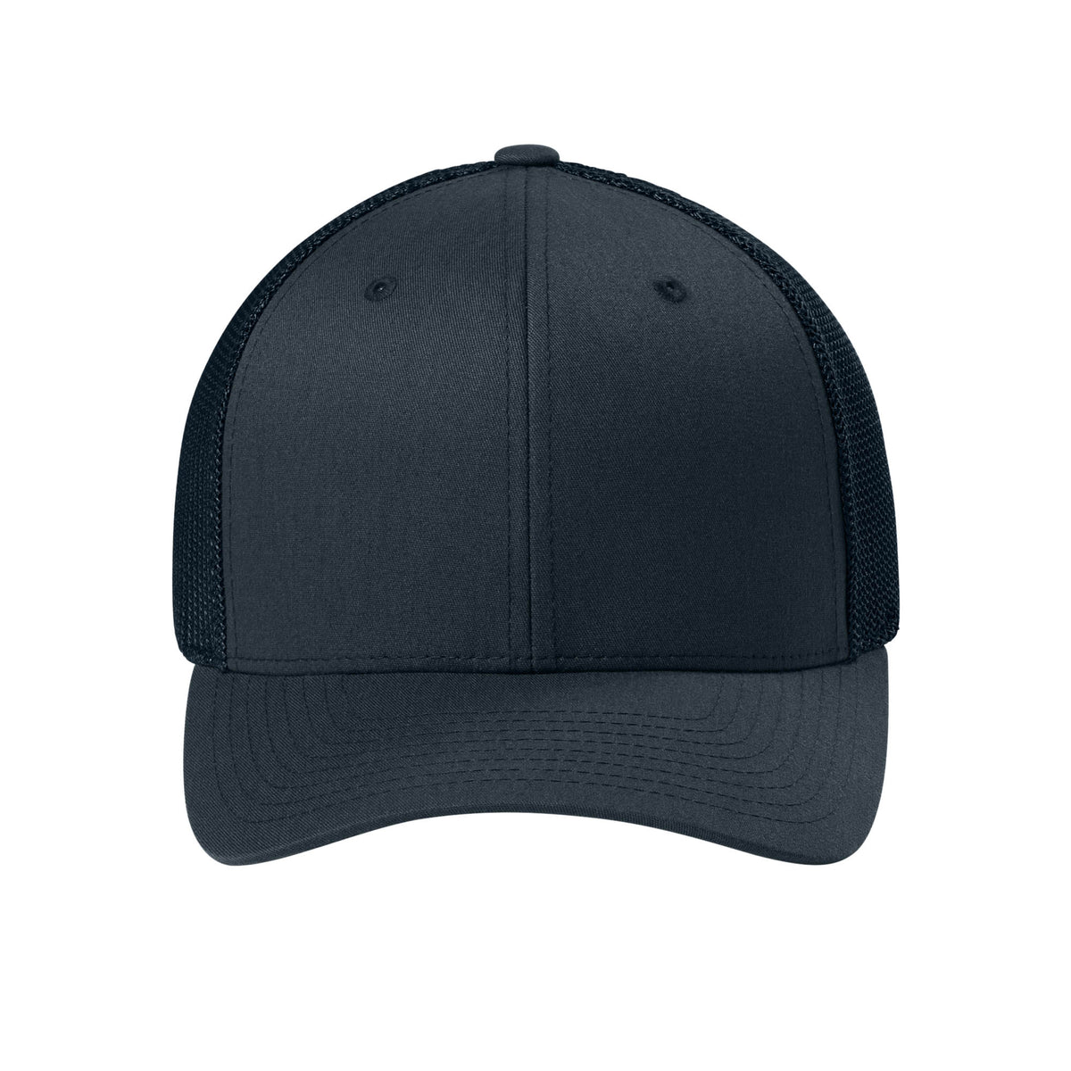 Front view of Dark Navy Flexfit 6511 fitted mesh trucker hat. variant-dark-navy