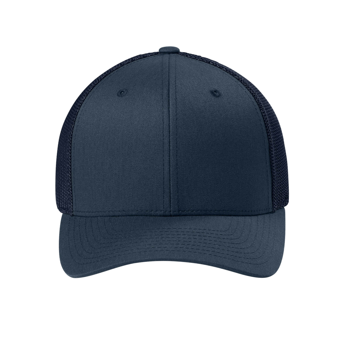 Front view of Navy Flexfit 6511 fitted mesh trucker hat. variant-navy