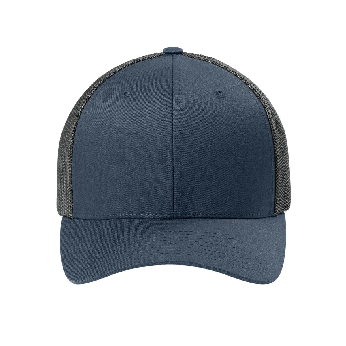 Front view of Navy / Graphite Flexfit 6511 fitted mesh trucker hat. variant-navy-graphite