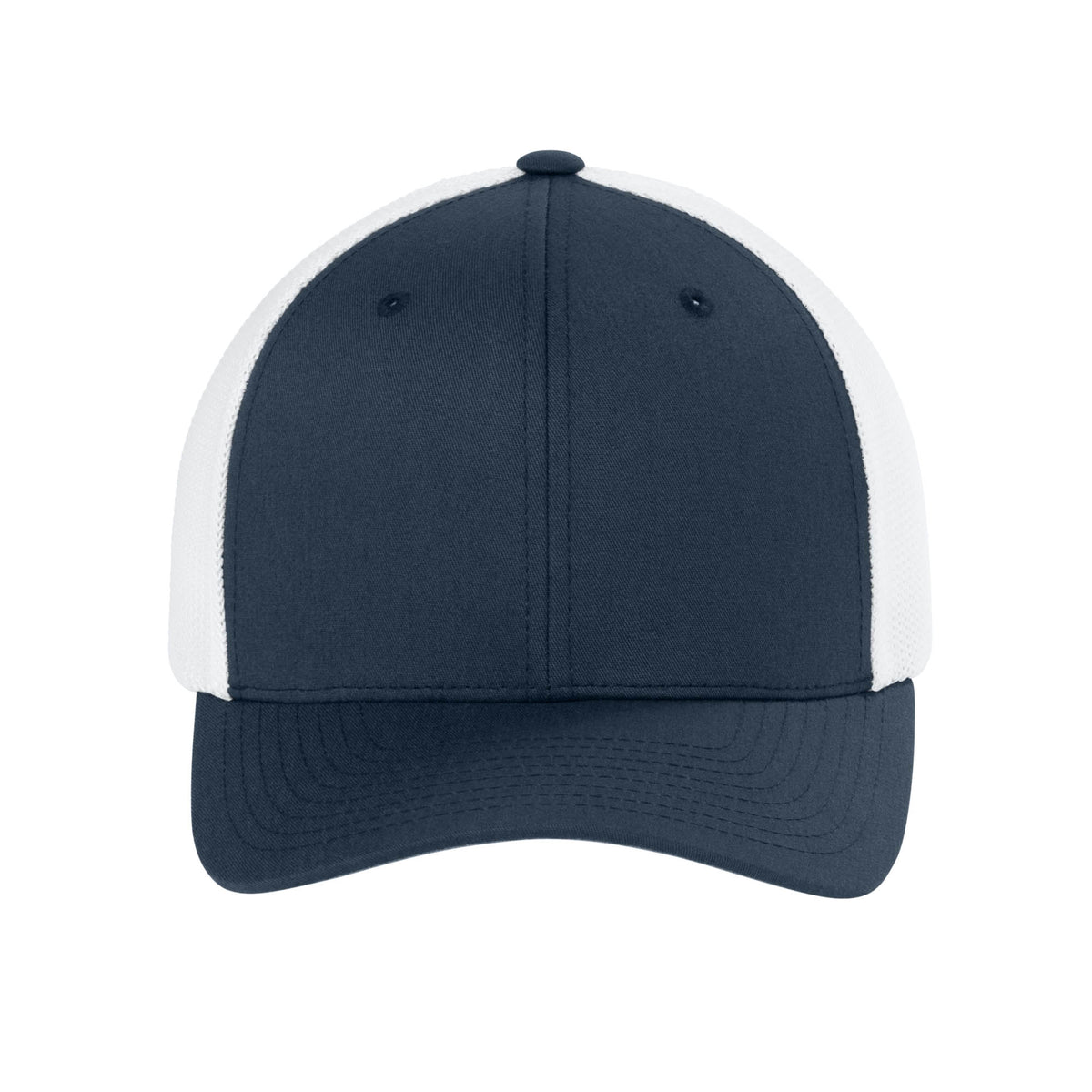 Front view of Navy / White Flexfit 6511 fitted mesh trucker hat. variant-navy-white