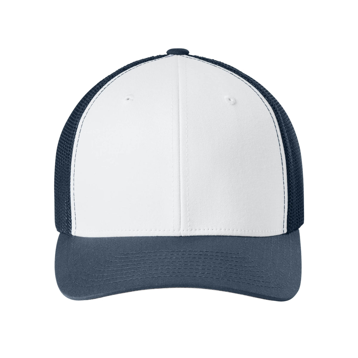 Front view of Navy / White / Navy Flexfit 6511 fitted mesh trucker hat. variant-navy-white-navy