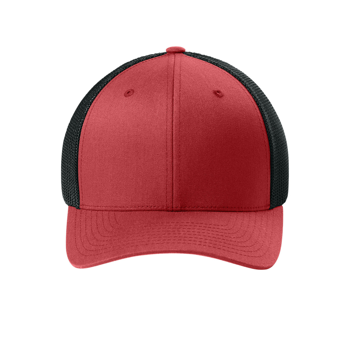 Front view of Red / Black Flexfit 6511 fitted mesh trucker hat. variant-red-black