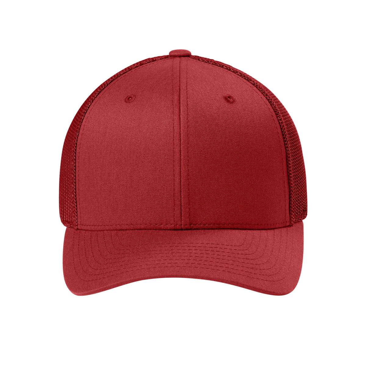 Front view of Red Flexfit 6511 fitted mesh trucker hat. variant-red
