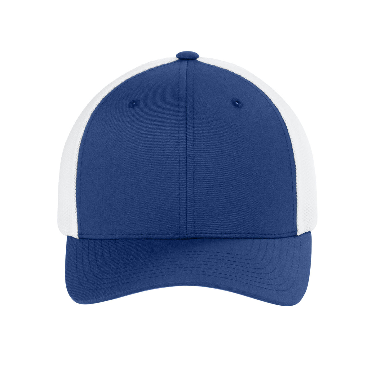 Front view of Royal / White Flexfit 6511 fitted mesh trucker hat. variant-royal-white