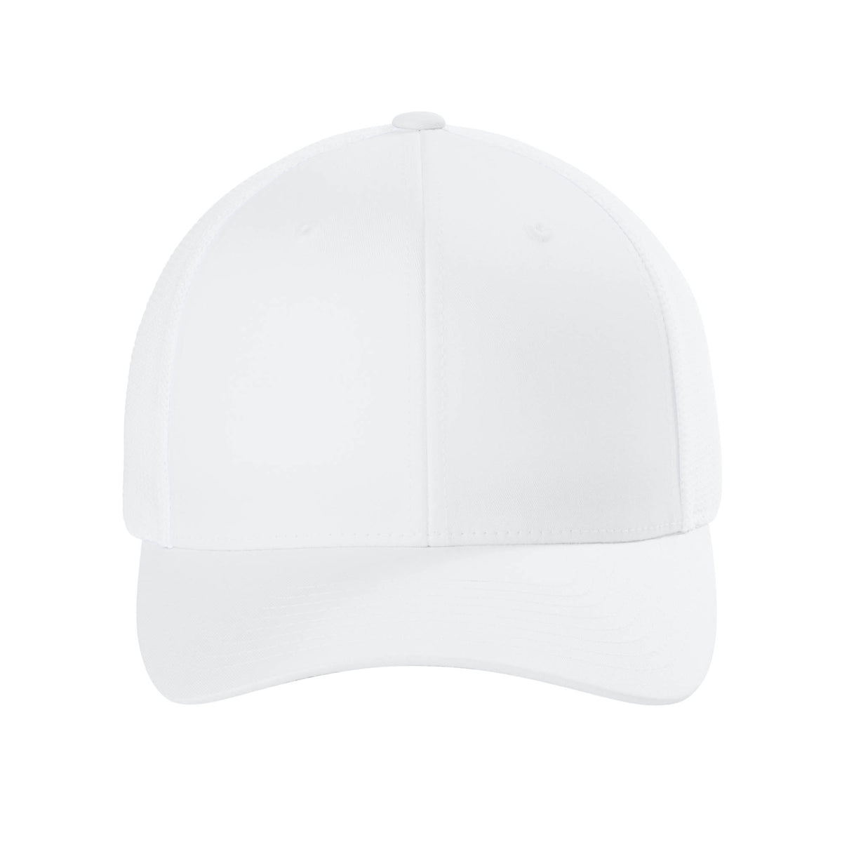 Front view of White Flexfit 6511 fitted mesh trucker hat. variant-white