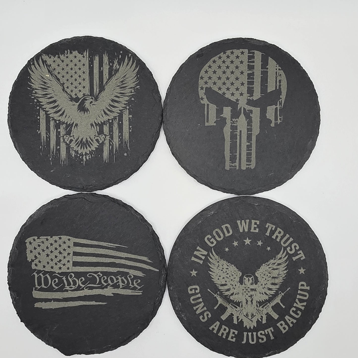 Patriotic Slate Coaster Set – Flags, Skulls, Liberty