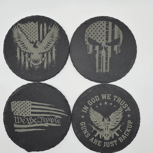 Patriotic Slate Coaster Set – Flags, Skulls, Liberty