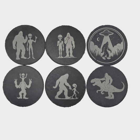 Sasquatch & UFO Slate Coaster Set – 6 Funny Designs