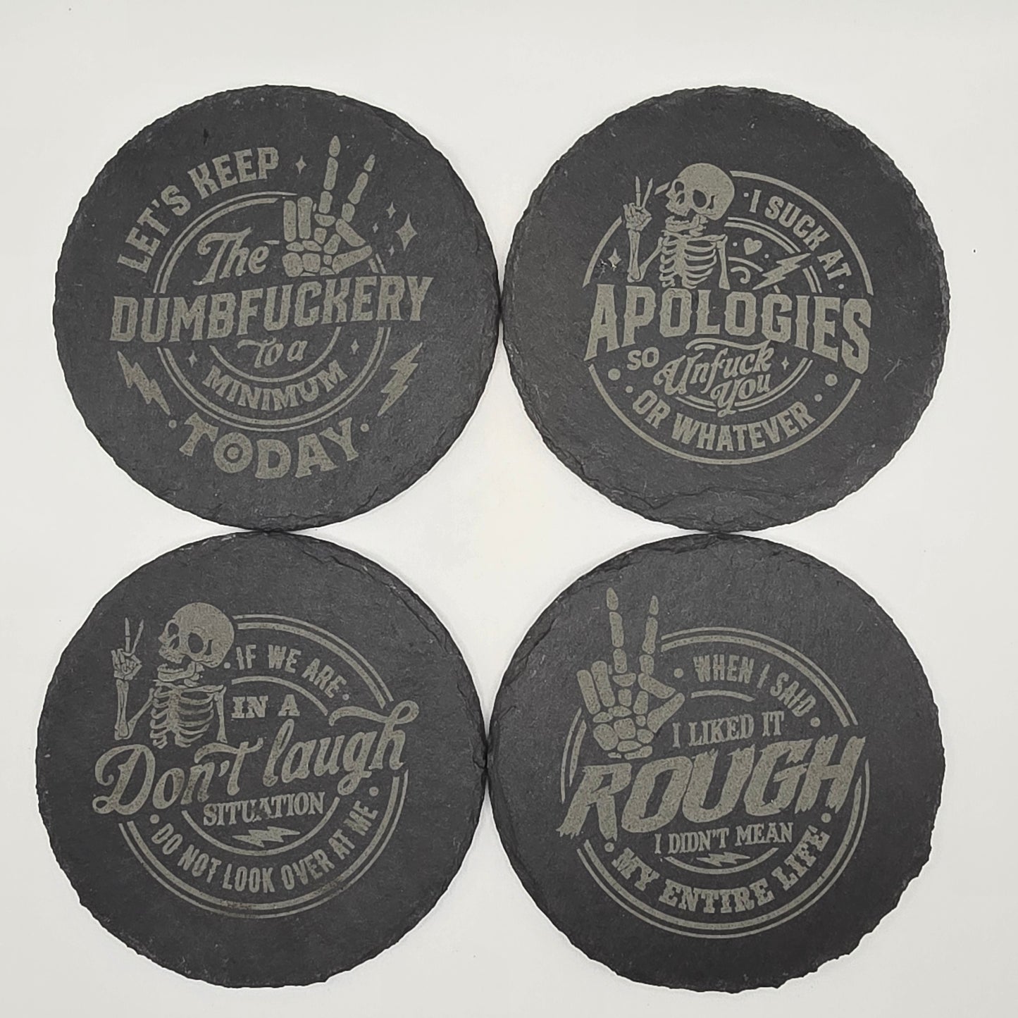 NSFW Skeleton Coaster Set – Dark Humor Engraved Slate