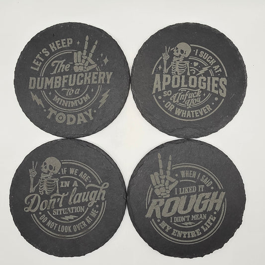 NSFW Skeleton Coaster Set – Dark Humor Engraved Slate