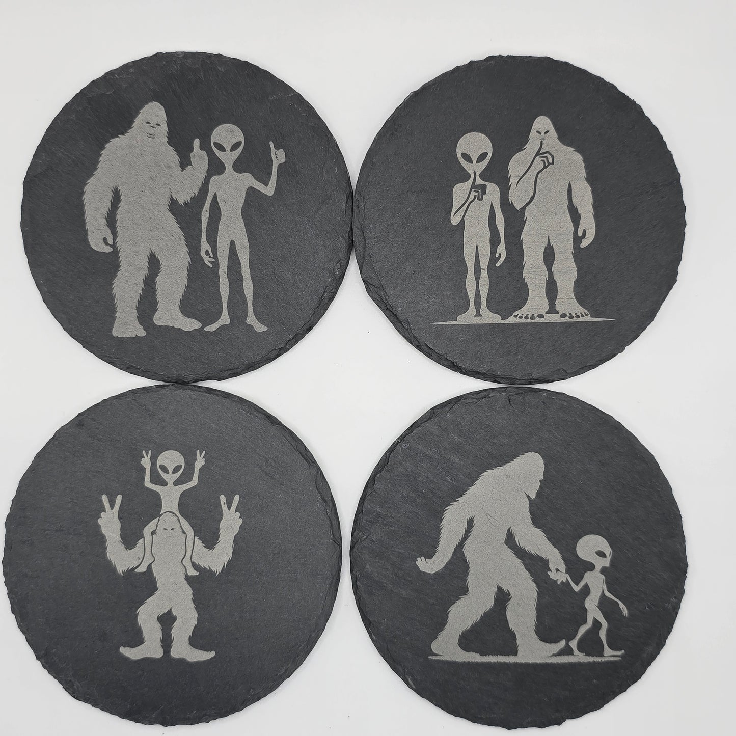 Sasquatch & UFO Slate Coaster Set – 4 Funny Designs