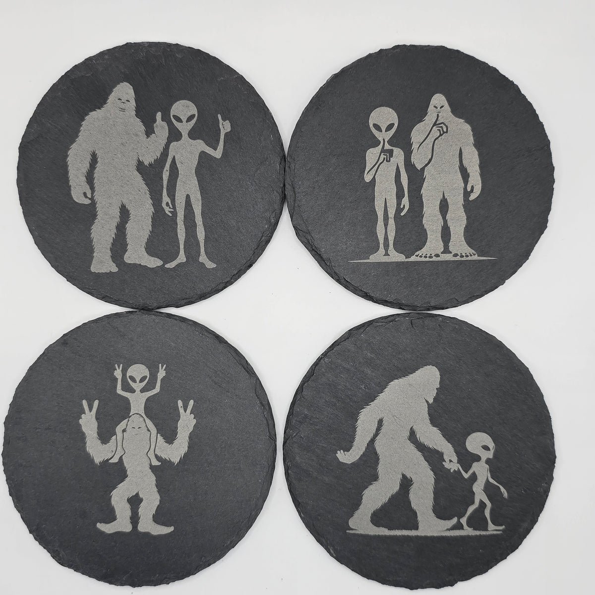 Sasquatch & UFO Slate Coaster Set – 4 Funny Designs