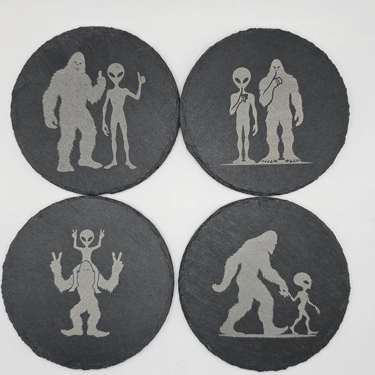 Sasquatch & UFO Slate Coaster Set – 4 Funny Designs