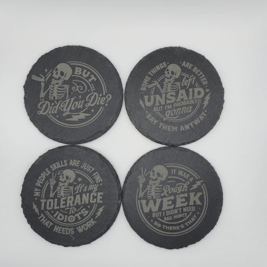 Funny Skeleton Coaster Set – Lighthearted Deadpan Humor